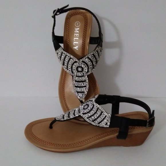 Melly Black T-Strap Sandals Platform Low Wedge Size 7 - Picture 6 of 12